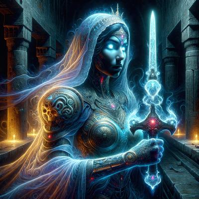 The primary subject of the image is a woman holding a sword. She is wearing a blue veil and has a glowing aura around her. The setting is a dark room with a stone wall, and the visual style appears to be a digital art or illustration. The colors in the image are predominantly dark, with the woman's aura being the main source of light. The overall atmosphere is mysterious and dramatic.